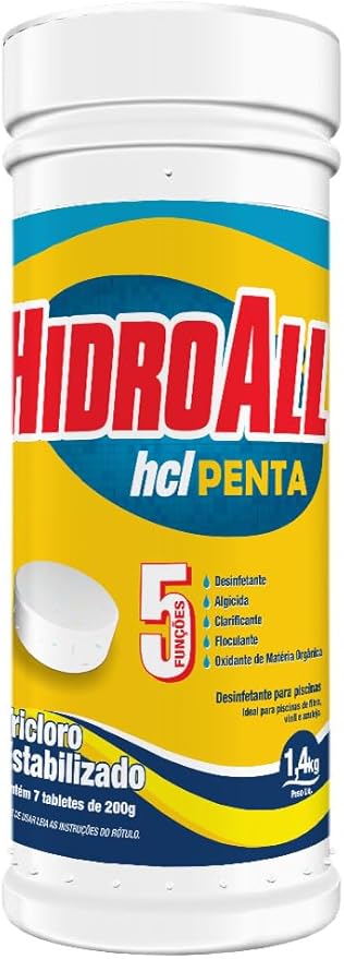 Cloro para Piscina 5 em 1 Tricloro Estabilizado 1,4kg com 7 Pastilhas HidroAll HCL Penta Refil Flutuador