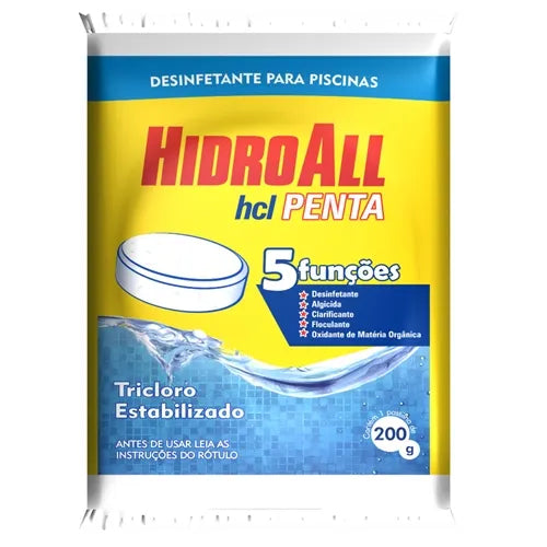 Cloro Tablete para Piscina 5 em 1 Tricloro Estabilizado 200g HidroAll HCL Penta